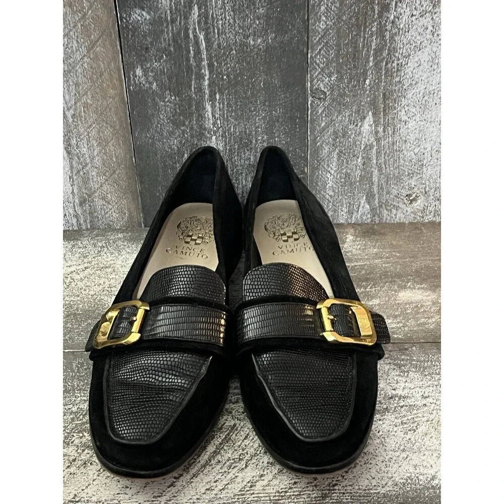 Vince Camuto Black Leather Loafer Flats Buckle Square Toe Animal Print  7.5